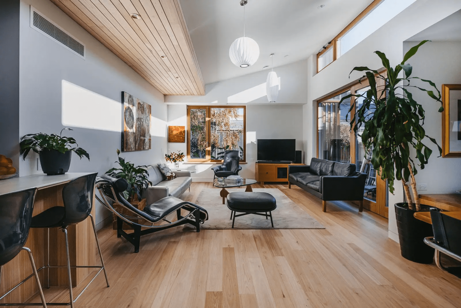 Open-plan, energy-efficient living room designed by Coy’s Constructions, featuring timber flooring, high ceilings, modern furniture, and natural light through expansive double-glazed windows.